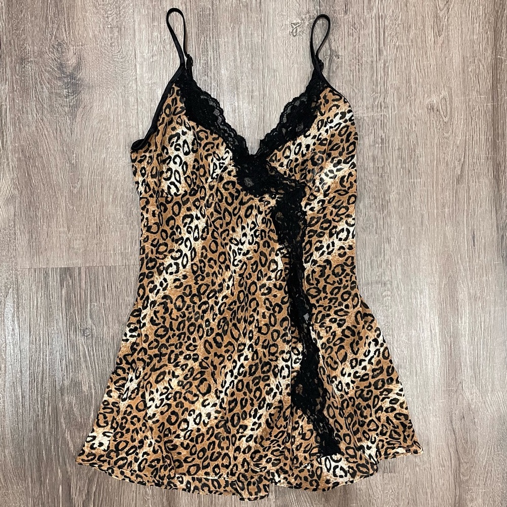 California Dynasty Cheetah Brown Black Mesh Lace Slit Slip Dress Lingerie Size S